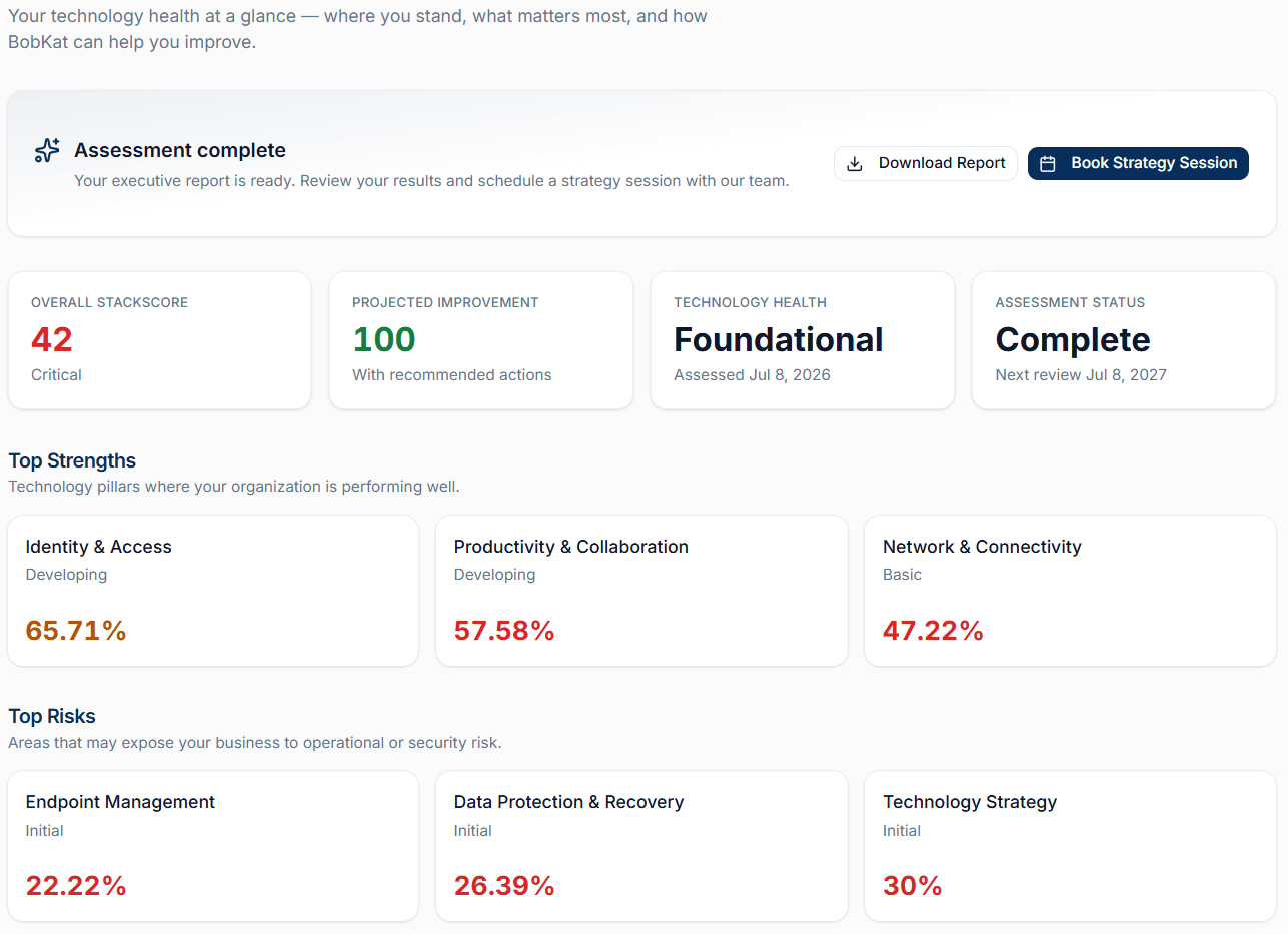 StackScore executive dashboard with overall score, strengths, and risks